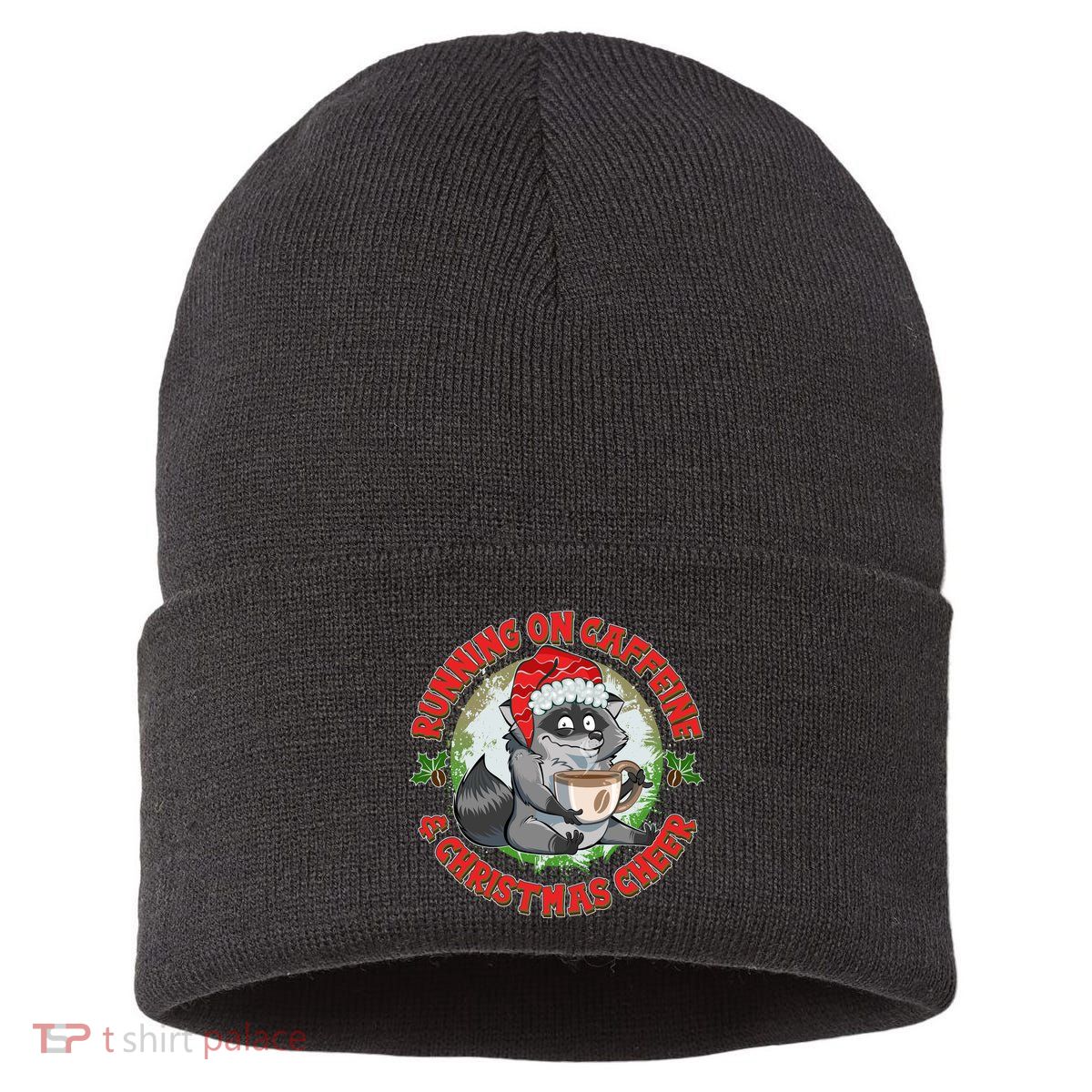 Funny Running On Caffeine And Christmas Cheer Coffee Raccoon Sustainable Knit Beanie