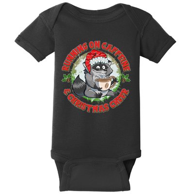 Funny Running On Caffeine And Christmas Cheer Coffee Raccoon Baby Bodysuit