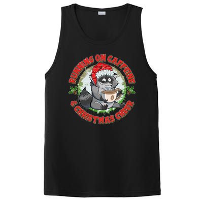 Funny Running On Caffeine And Christmas Cheer Coffee Raccoon PosiCharge Competitor Tank