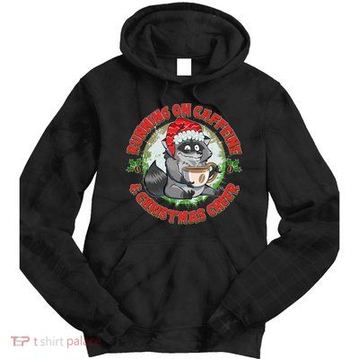 Funny Running On Caffeine And Christmas Cheer Coffee Raccoon Tie Dye Hoodie
