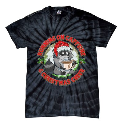 Funny Running On Caffeine And Christmas Cheer Coffee Raccoon Tie-Dye T-Shirt