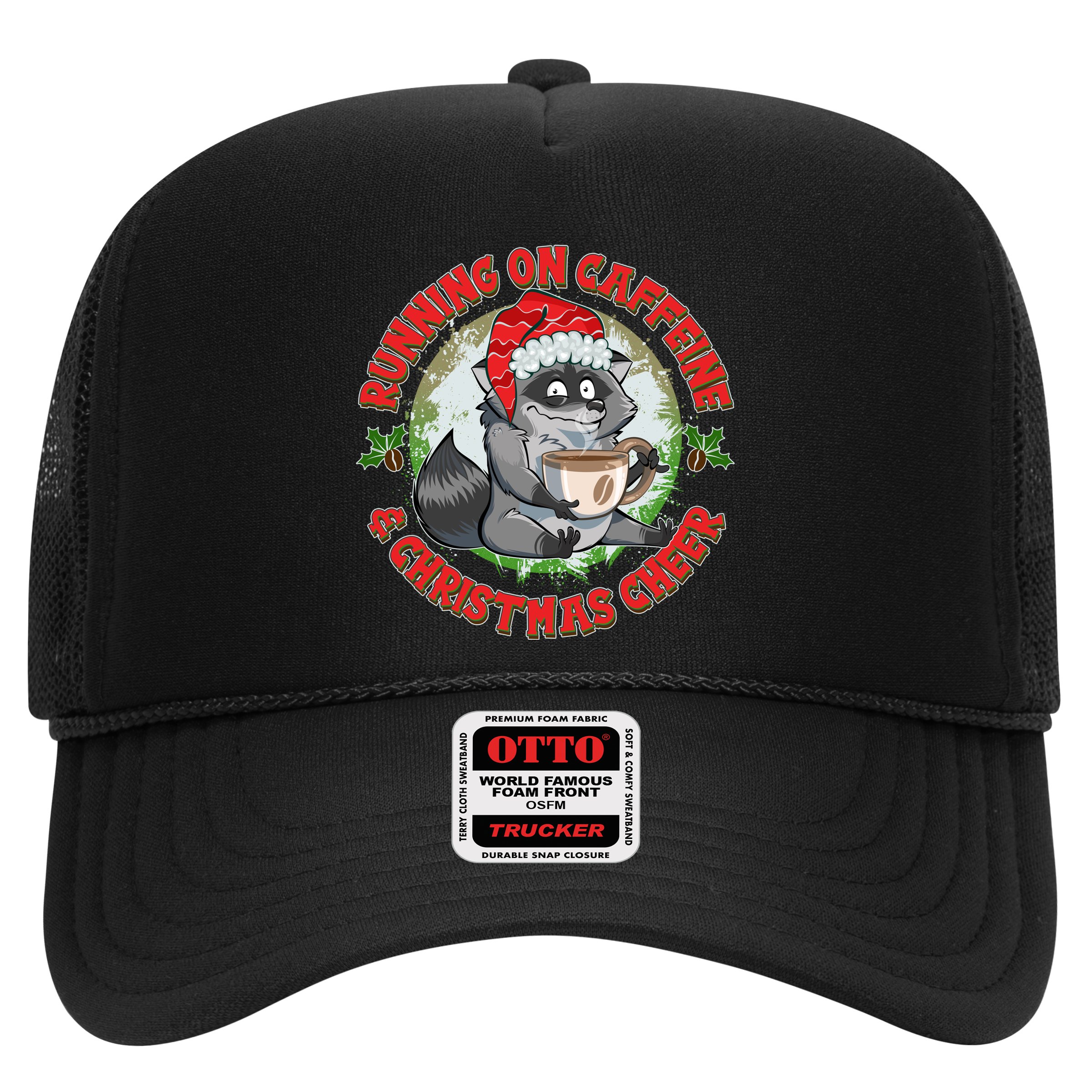 Funny Running On Caffeine And Christmas Cheer Coffee Raccoon Hat