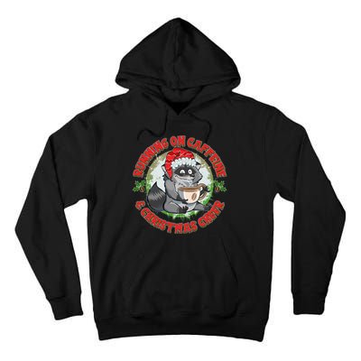 Funny Running On Caffeine And Christmas Cheer Coffee Raccoon Tall Hoodie