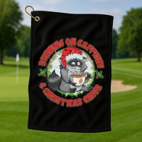Funny Running On Caffeine And Christmas Cheer Coffee Raccoon Golf Towel