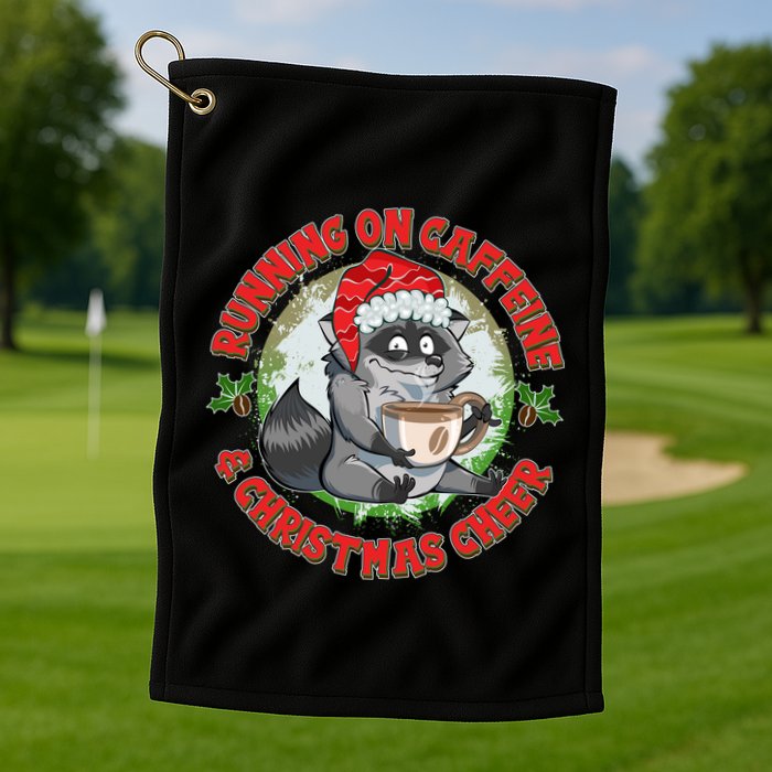 Funny Running On Caffeine And Christmas Cheer Coffee Raccoon Golf Towel
