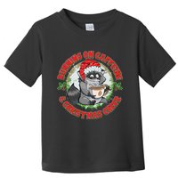 Funny Running On Caffeine And Christmas Cheer Coffee Raccoon Toddler T-Shirt