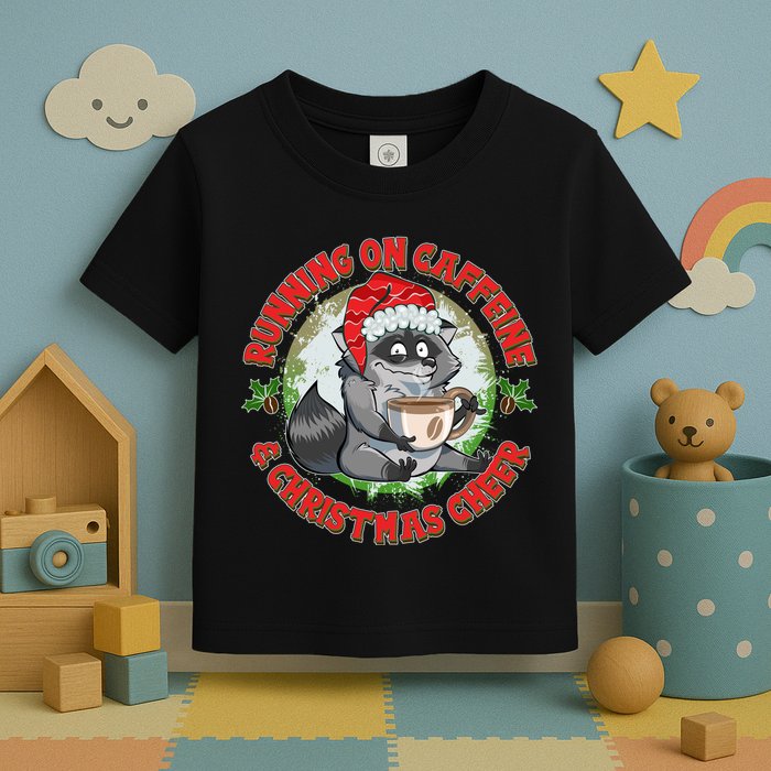 Funny Running On Caffeine And Christmas Cheer Coffee Raccoon Toddler T-Shirt