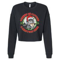 Funny Running On Caffeine And Christmas Cheer Coffee Raccoon Cropped Pullover Crew