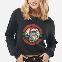 Funny Running On Caffeine And Christmas Cheer Coffee Raccoon Cropped Pullover Crew
