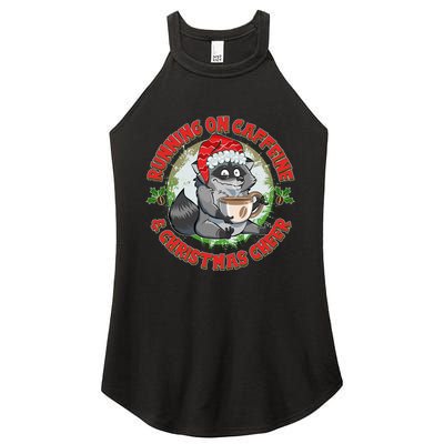 Funny Running On Caffeine And Christmas Cheer Coffee Raccoon Women's Perfect Tri Rocker Tank
