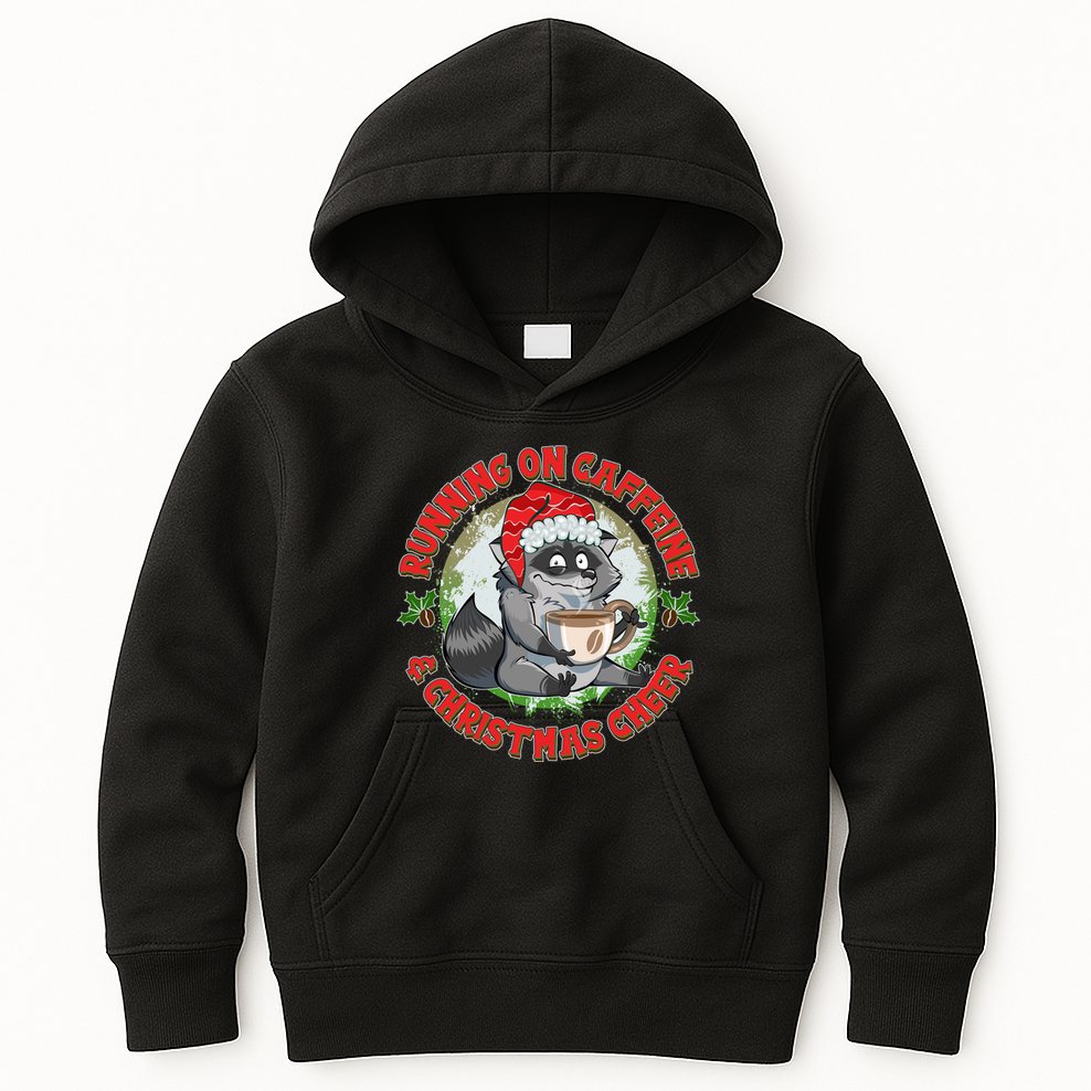 Funny Running On Caffeine And Christmas Cheer Coffee Raccoon Kids Hoodie