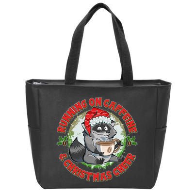 Funny Running On Caffeine And Christmas Cheer Coffee Raccoon Zip Tote Bag