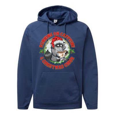 Funny Running On Caffeine And Christmas Cheer Coffee Raccoon Performance Fleece Hoodie