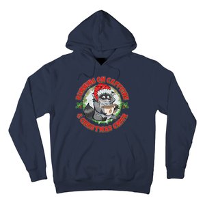 Funny Running On Caffeine And Christmas Cheer Coffee Raccoon Hoodie