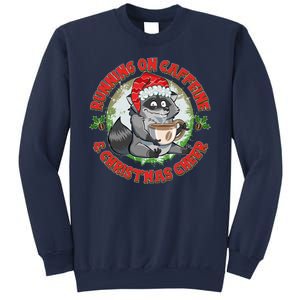 Funny Running On Caffeine And Christmas Cheer Coffee Raccoon Sweatshirt