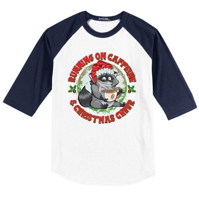 Funny Running On Caffeine And Christmas Cheer Coffee Raccoon Baseball Sleeve Shirt