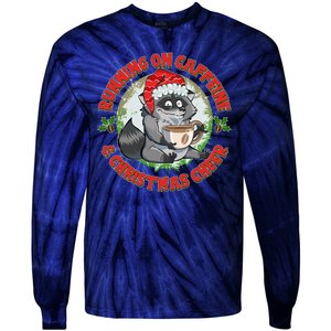 Funny Running On Caffeine And Christmas Cheer Coffee Raccoon Tie-Dye Long Sleeve Shirt