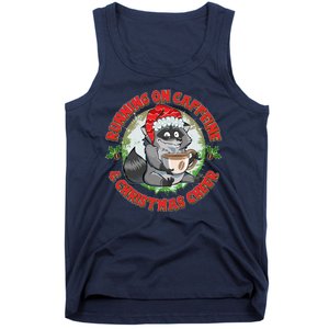 Funny Running On Caffeine And Christmas Cheer Coffee Raccoon Tank Top