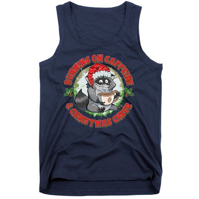 Funny Running On Caffeine And Christmas Cheer Coffee Raccoon Tank Top