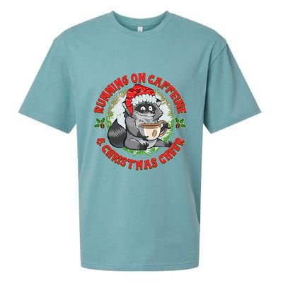 Funny Running On Caffeine And Christmas Cheer Coffee Raccoon Sueded Cloud Jersey T-Shirt
