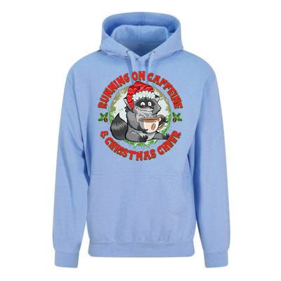 Funny Running On Caffeine And Christmas Cheer Coffee Raccoon Unisex Surf Hoodie