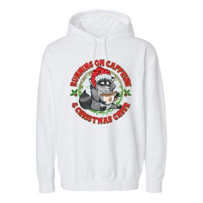 Funny Running On Caffeine And Christmas Cheer Coffee Raccoon Garment-Dyed Fleece Hoodie