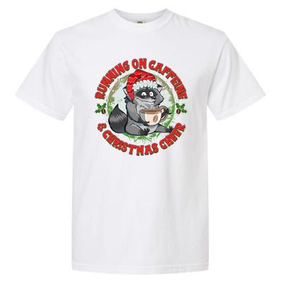 Funny Running On Caffeine And Christmas Cheer Coffee Raccoon Garment-Dyed Heavyweight T-Shirt