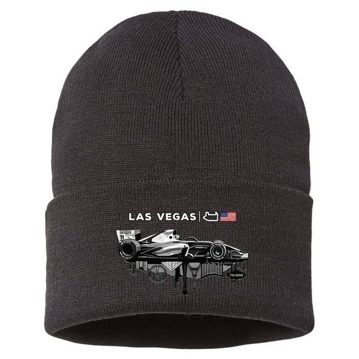 Formula Racing Open Wheel Car Las Vegas Circuit Usa Flag Sustainable Knit Beanie