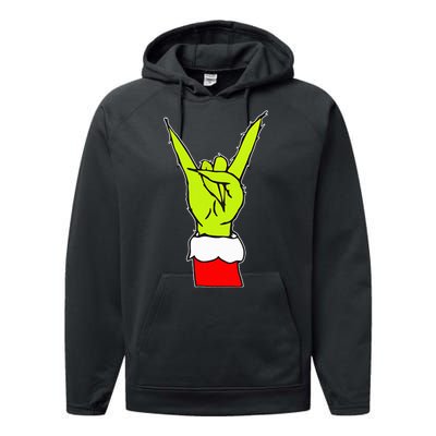 Funny Rock On Hand Christmas Rock & Roll Elf Xmas Performance Fleece Hoodie