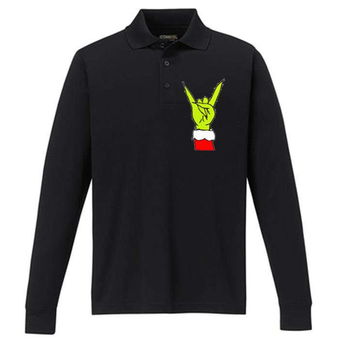 Funny Rock On Hand Christmas Rock & Roll Elf Xmas Performance Long Sleeve Polo