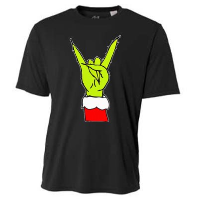 Funny Rock On Hand Christmas Rock & Roll Elf Xmas Cooling Performance Crew T-Shirt