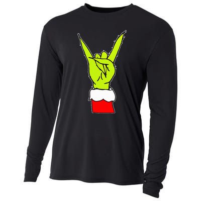 Funny Rock On Hand Christmas Rock & Roll Elf Xmas Cooling Performance Long Sleeve Crew