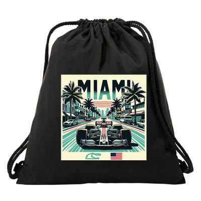 Formula Racing Open Wheel Car Retro Miami Circuit Usa Flag Drawstring Bag