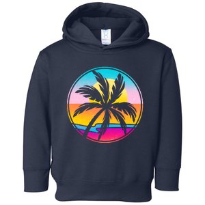 Funny Retro Ocean Sun Palm Tree Emblem Toddler Hoodie