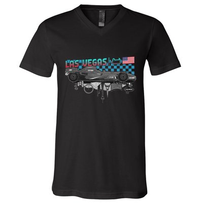 Formula Racing Open Wheel Car Las Vegas Circuit Usa Flag V-Neck T-Shirt