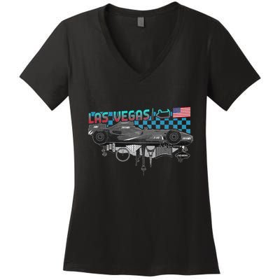 Formula Racing Open Wheel Car Las Vegas Circuit Usa Flag Women's V-Neck T-Shirt