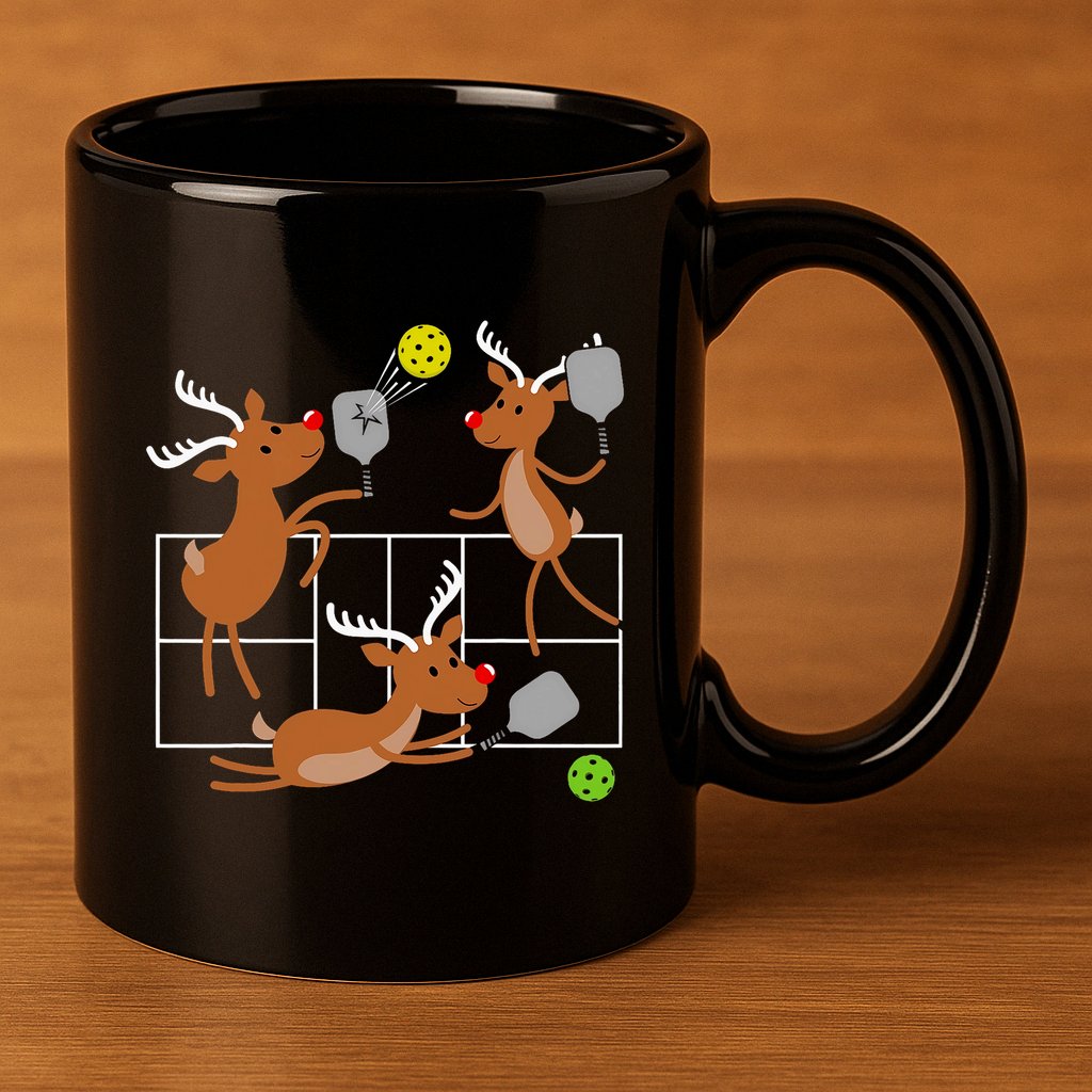 Funny Reindeer Playing Pickleball Sports Player Christmas 11oz C Handle Ceramic Mug