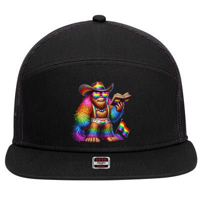 Funny Rainbow Pride Bigfoot Reading Book With Heart Glasses 7 Panel Mesh Trucker Snapback Hat