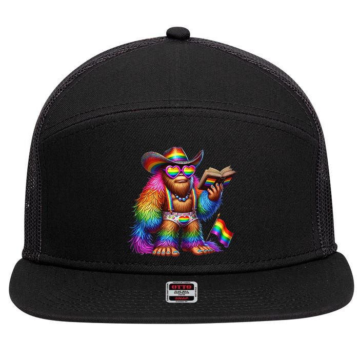 Funny Rainbow Pride Bigfoot Reading Book With Heart Glasses 7 Panel Mesh Trucker Snapback Hat