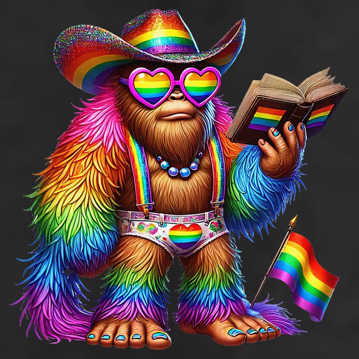 Funny Rainbow Pride Bigfoot Reading Book With Heart Glasses 7 Panel Mesh Trucker Snapback Hat