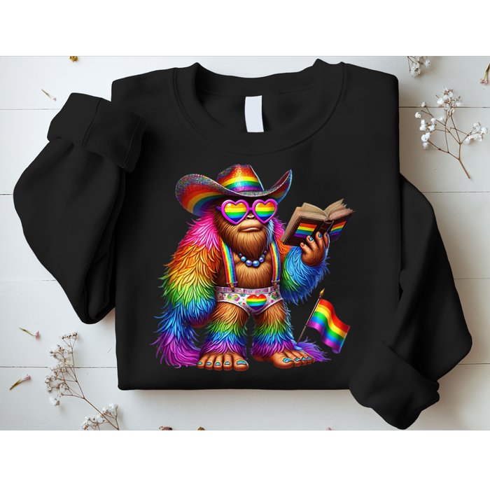 Funny Rainbow Pride Bigfoot Reading Book With Heart Glasses Sweatshirt