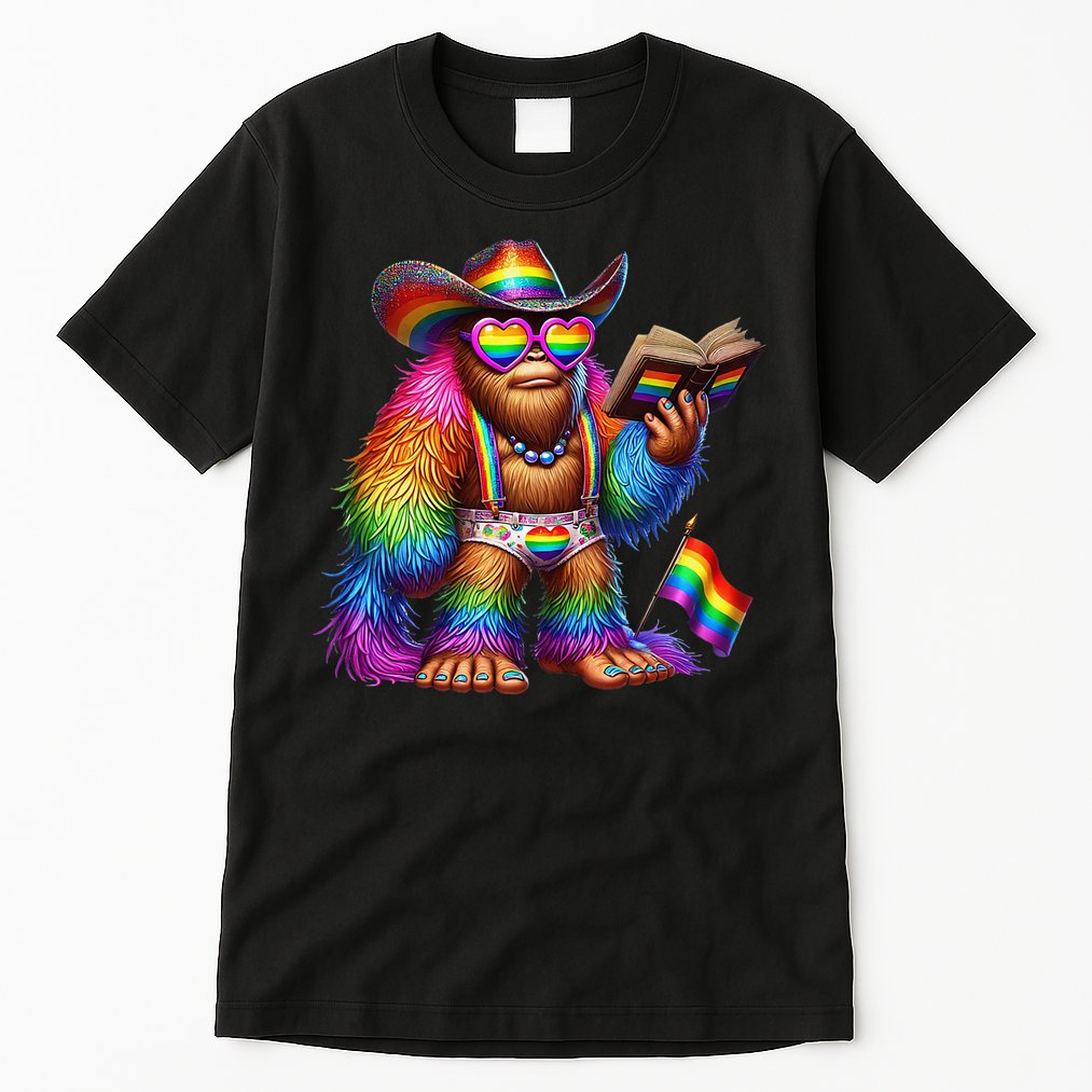 Funny Rainbow Pride Bigfoot Reading Book With Heart Glasses Tall T-Shirt