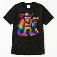 Funny Rainbow Pride Bigfoot Reading Book With Heart Glasses Tall T-Shirt
