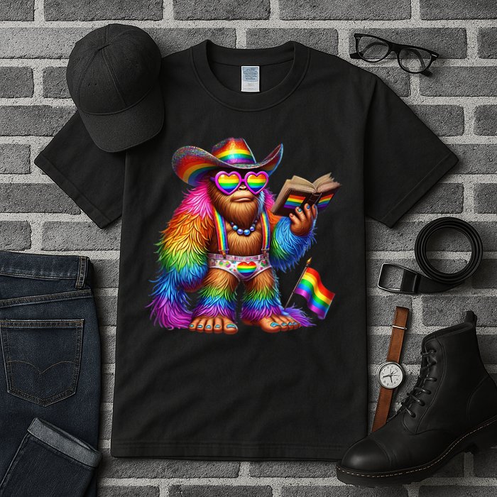 Funny Rainbow Pride Bigfoot Reading Book With Heart Glasses Tall T-Shirt