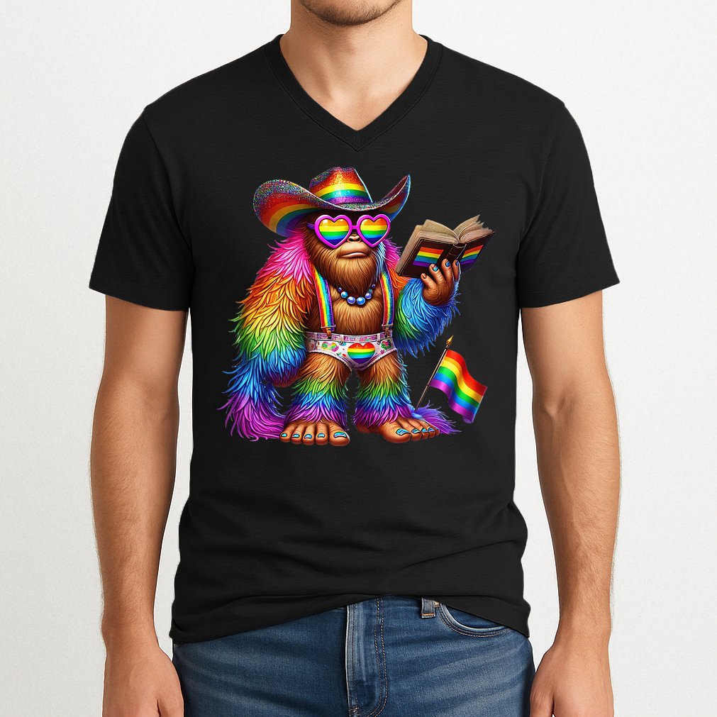 Funny Rainbow Pride Bigfoot Reading Book With Heart Glasses V-Neck T-Shirt
