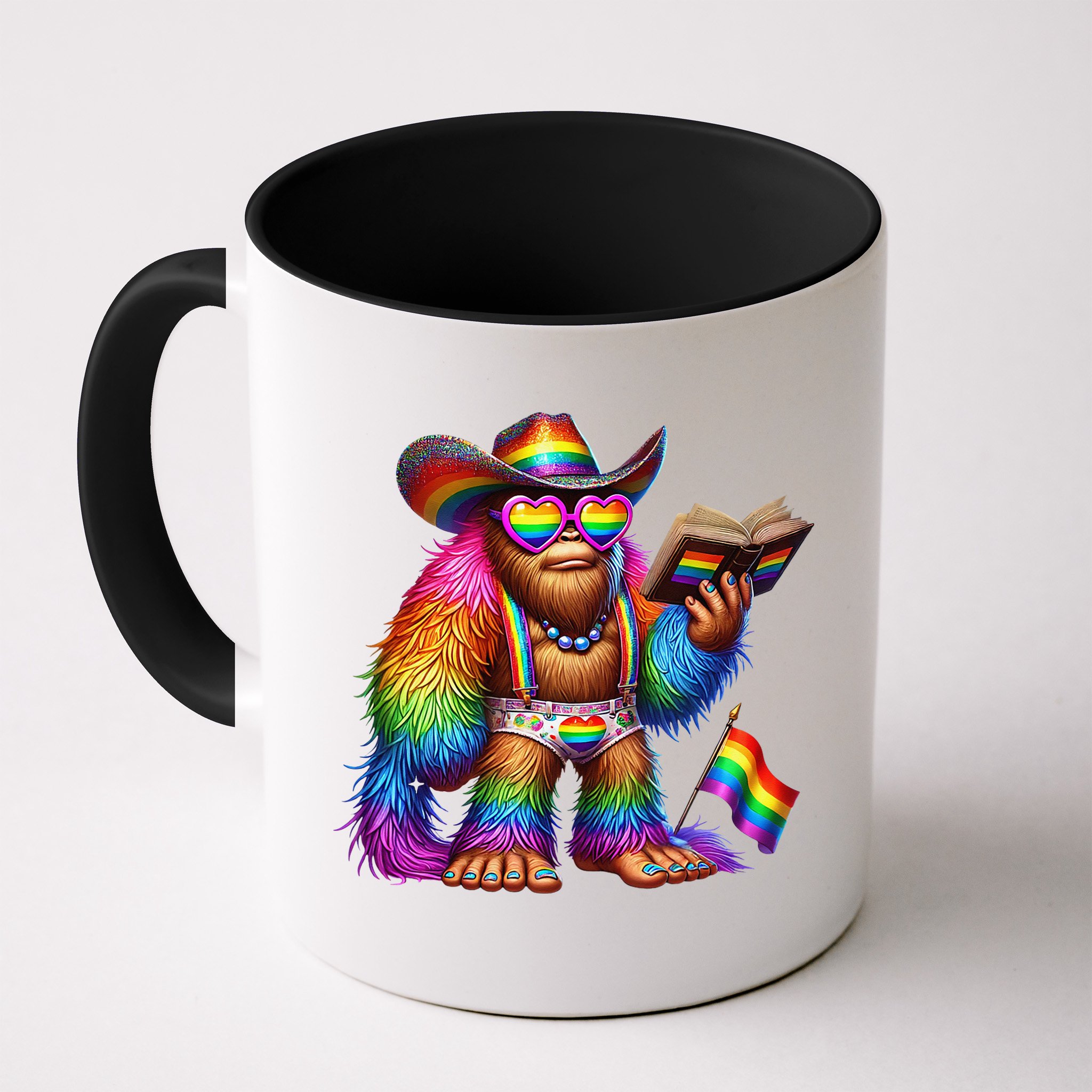 Funny Rainbow Pride Bigfoot Reading Book With Heart Glasses Mug