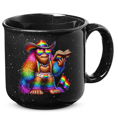 Funny Rainbow Pride Bigfoot Reading Book With Heart Glasses 15oz Campfire Ceramic Mug