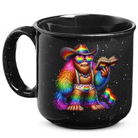 Funny Rainbow Pride Bigfoot Reading Book With Heart Glasses 15oz Campfire Ceramic Mug