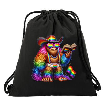 Funny Rainbow Pride Bigfoot Reading Book With Heart Glasses Drawstring Bag
