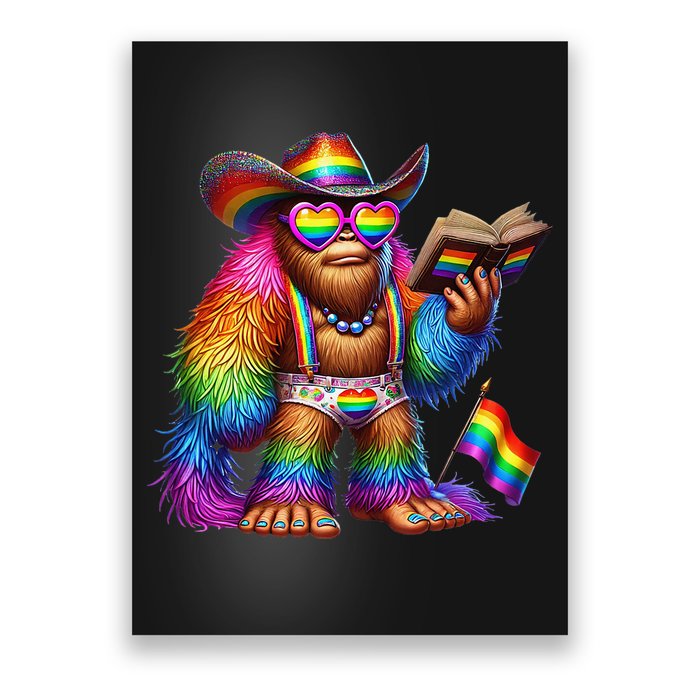 Funny Rainbow Pride Bigfoot Reading Book With Heart Glasses Poster